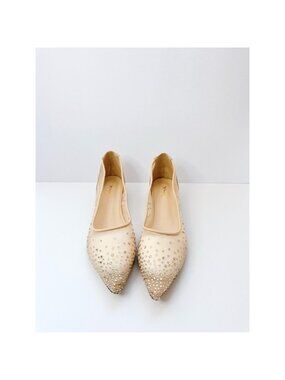 Size 15 Women’s Nude Rhinestone Mesh Pointed Toe Flats Hidden Wedge XYD